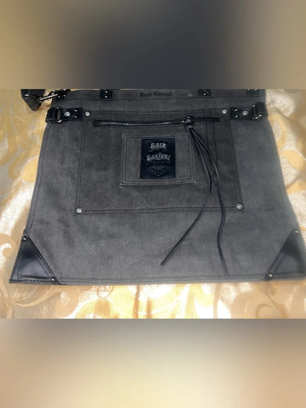 NWOT Rock Revival GRAY  Black Denim Canvas Messenger Crossbody Tote Bag